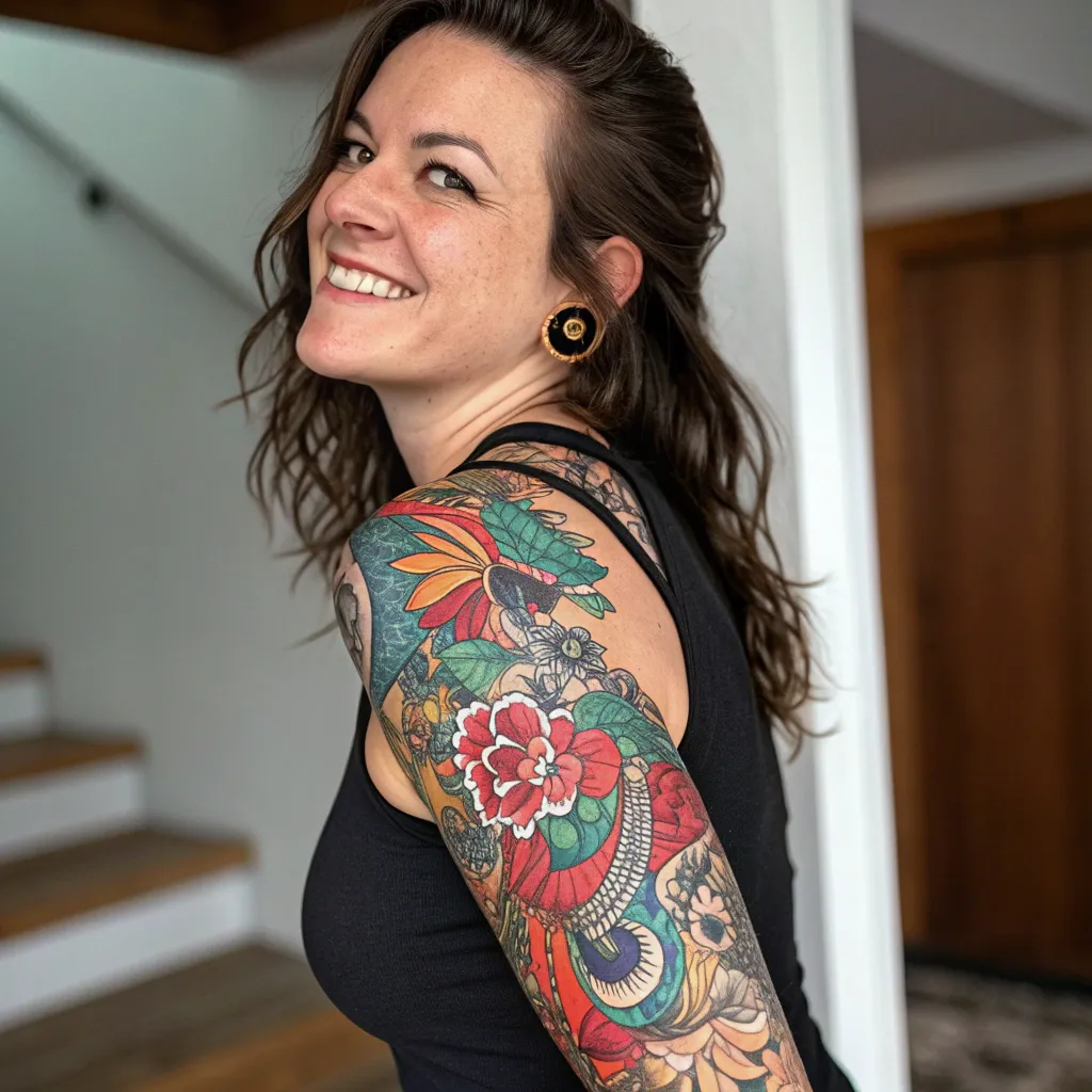 Emily Carter showcasing her colorful sleeve tattoo
