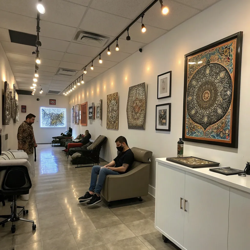 Interior view of SYLORINTH tattoo parlor with modern art on the walls and comfortable seating